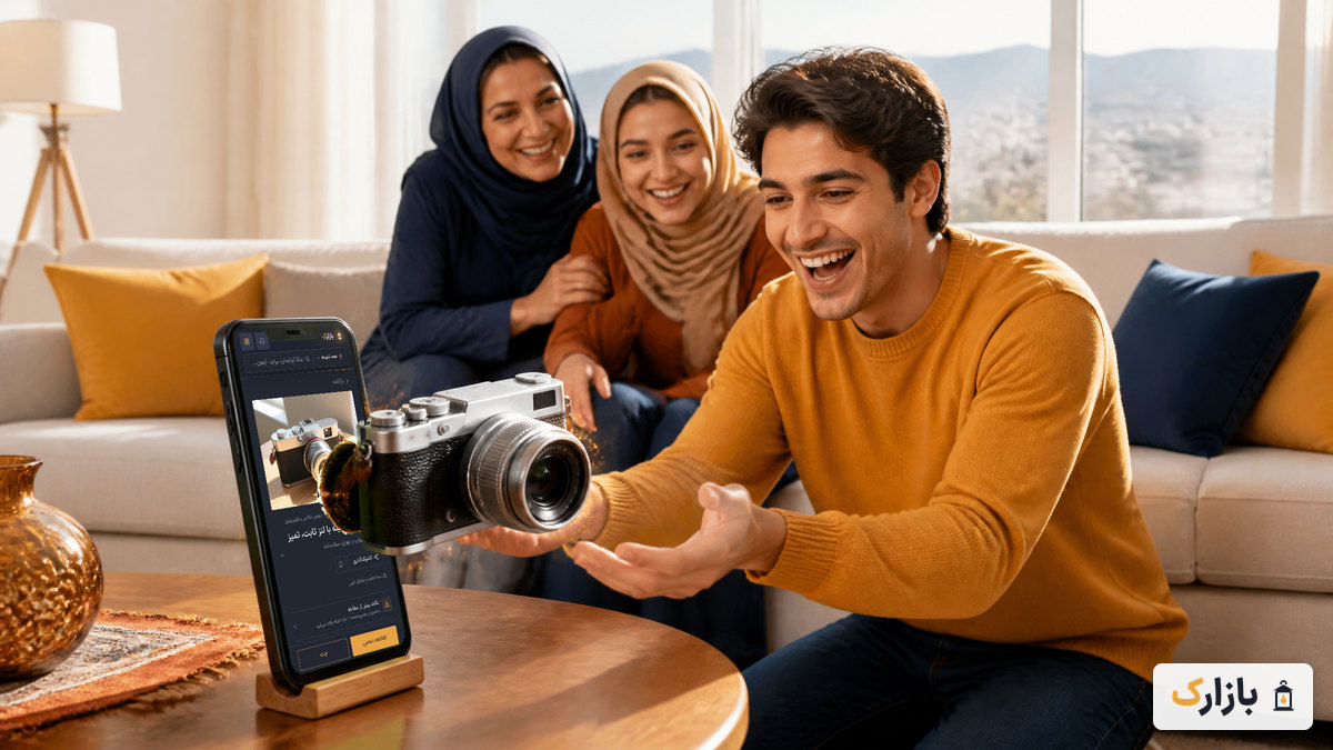 دوربینی که در آگهی بازارک ثبت شده، از صفحهٔ گوشی بیرون میآید و به دست خریدار تازه میرسد